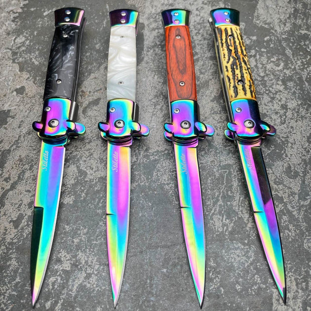 Rainbow Titanium Stiletto Folding Self-Defense Knife