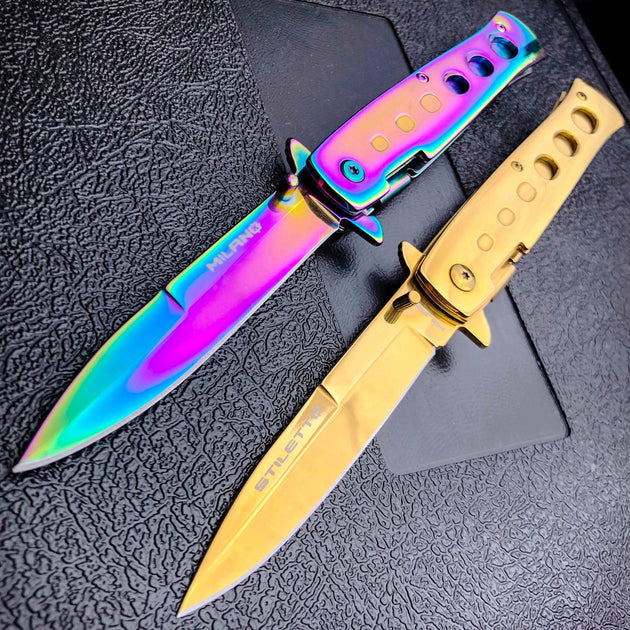 9 TAC-FORCE LARGE RAINBOW STILETTO SPRING ASSISTED FOLDING POCKET KNIFE  Open