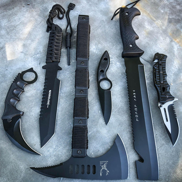 7PC Black Tactical Fixed Blade Tomahawk Axe Hatchet Karambit Pocket Knife  Set - MEGAKNIFE