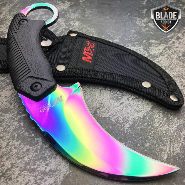 8.5 Full Tang Tactical Karambit Combat GEAR HIKING Fixed Razor Blade Rainbow  Knife - CUSTOM ENGRAVED