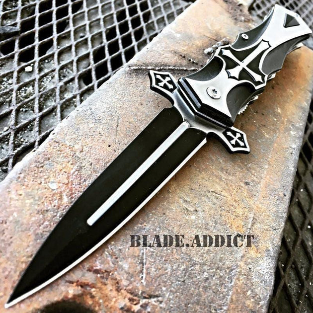 9.5 STAINLESS STEEL CELTIC CROSS SPRING ASSISTED OPEN POCKET KNIFE Gothic  EDC NEW