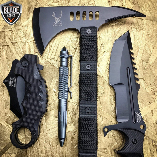 4 PC FIXED BLADE HUNTING KNIFE SET w/ WOOD HANDLE Survival Combat