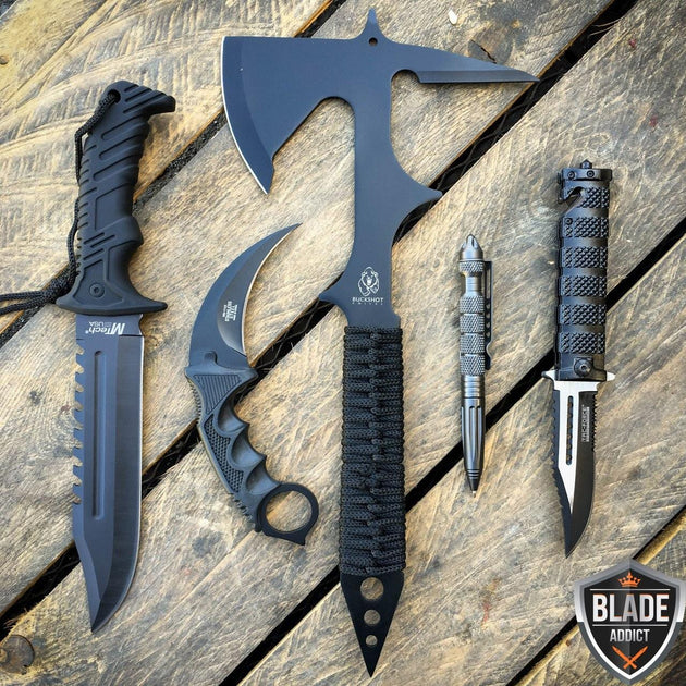 7pc Tactical BLACK Set BOWIE Fixed Blade THROWING KNIVES Pocket Knife  KARAMBIT