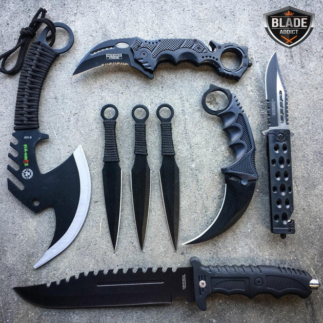 9PC Black Tactical Fixed Blade Sword Machete Axe Hatchet Karambit