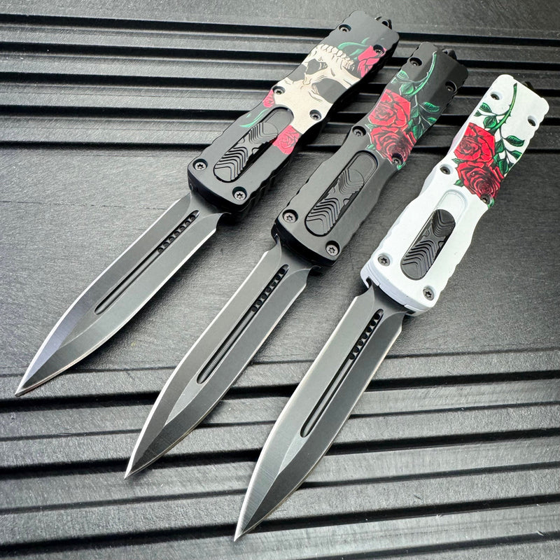 7.5" Skull N' Roses Automatic Dual Action OTF Knife