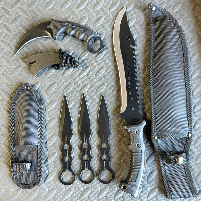 5 Pieces Black Hunting Set (Machete, Karambit, Throwing Knives)