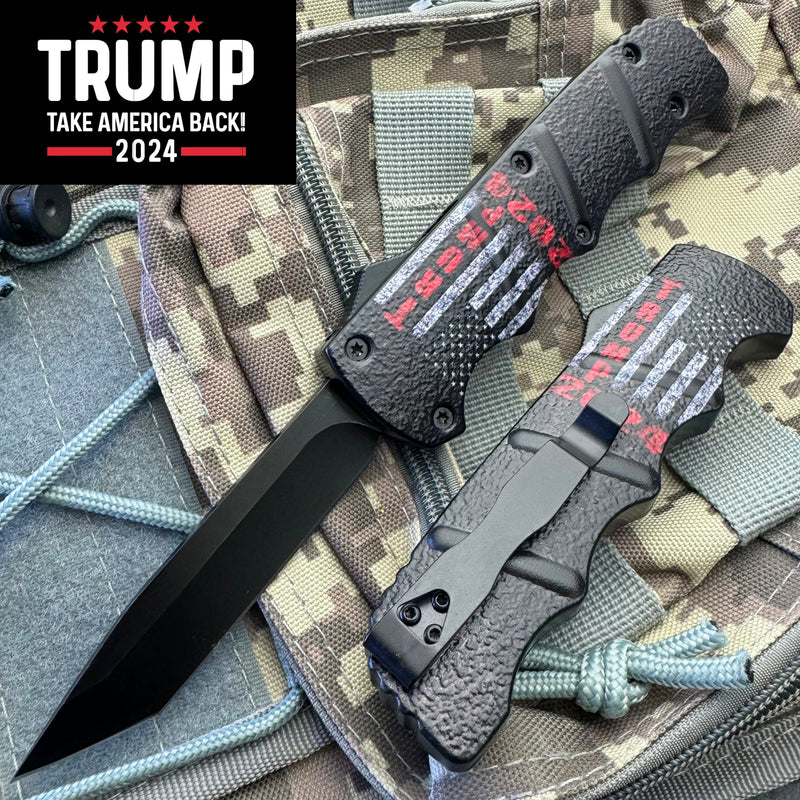 8.75" Black Trump 2024 American Flag OTF Folding Pocket Knife