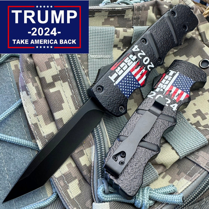 8.75" Distressed Trump 2024 American Flag OTF Folding Pocket Knife