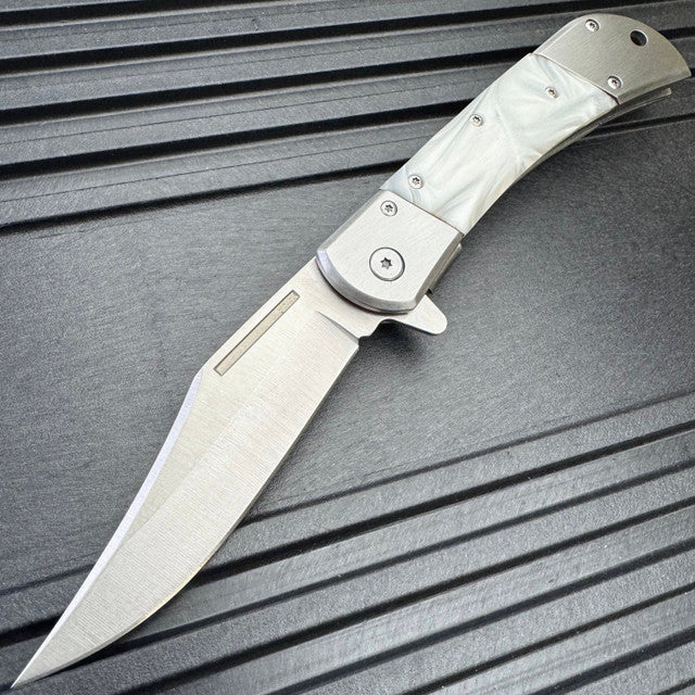 8" Classic Gentleman's Spring Assisted Folding Open Pocket Knife - White Pearl