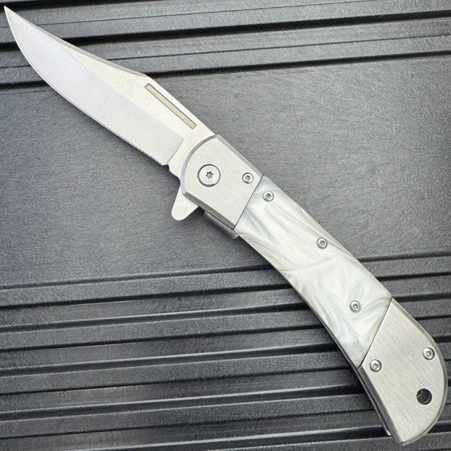 8" Classic Gentleman's Spring Assisted Folding Open Pocket Knife - White Pearl