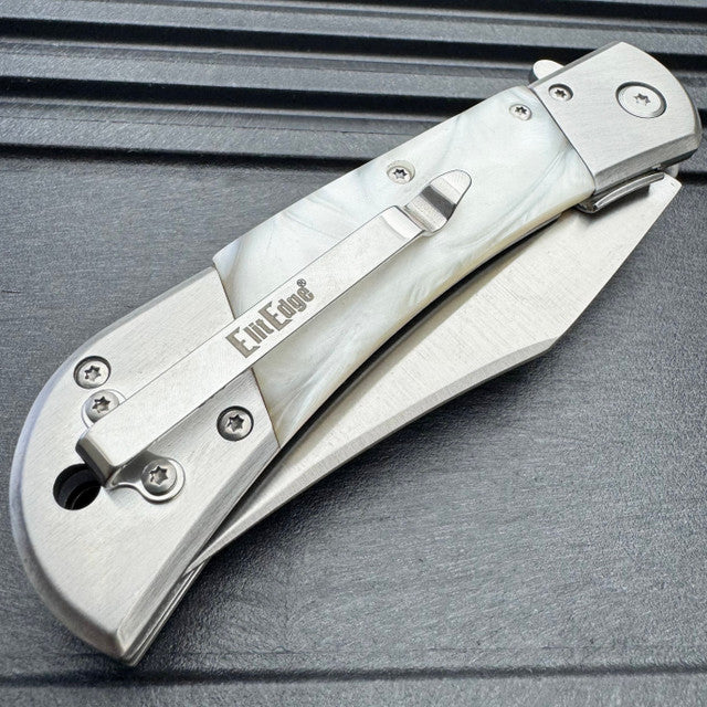 8" Classic Gentleman's Spring Assisted Folding Open Pocket Knife - White Pearl