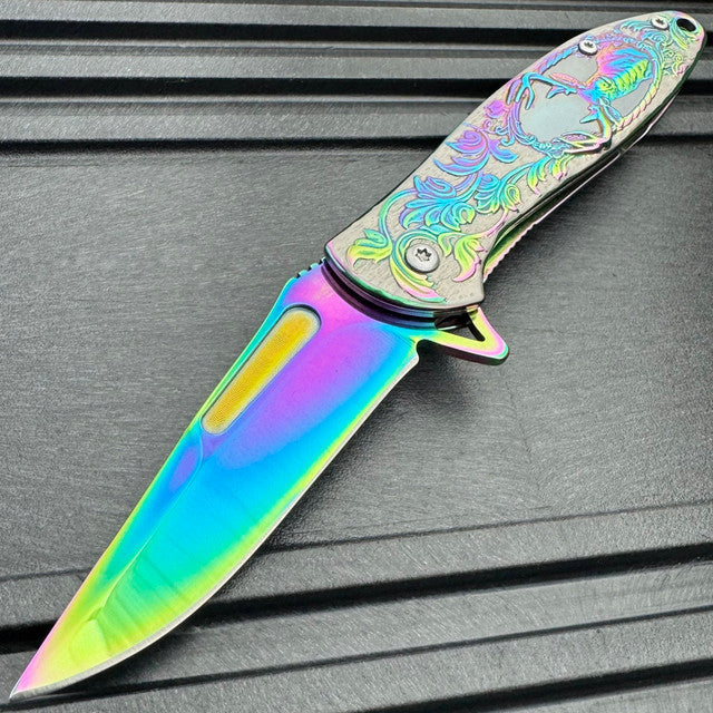 7" RAINBOW DEER SPRING ASSISTED FOLDING KNIFE Blade Pocket