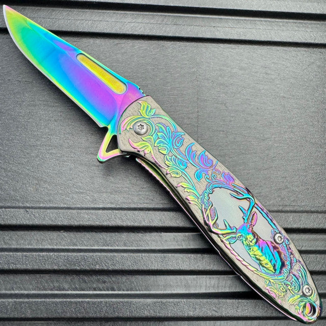 7" RAINBOW DEER SPRING ASSISTED FOLDING KNIFE Blade Pocket