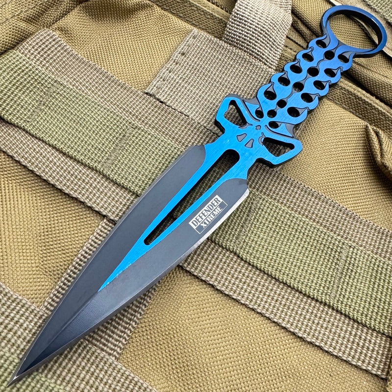 8" Ninja Tactical Skull Combat Kunai Throwing Knife Hunting Dagger Blade Blue