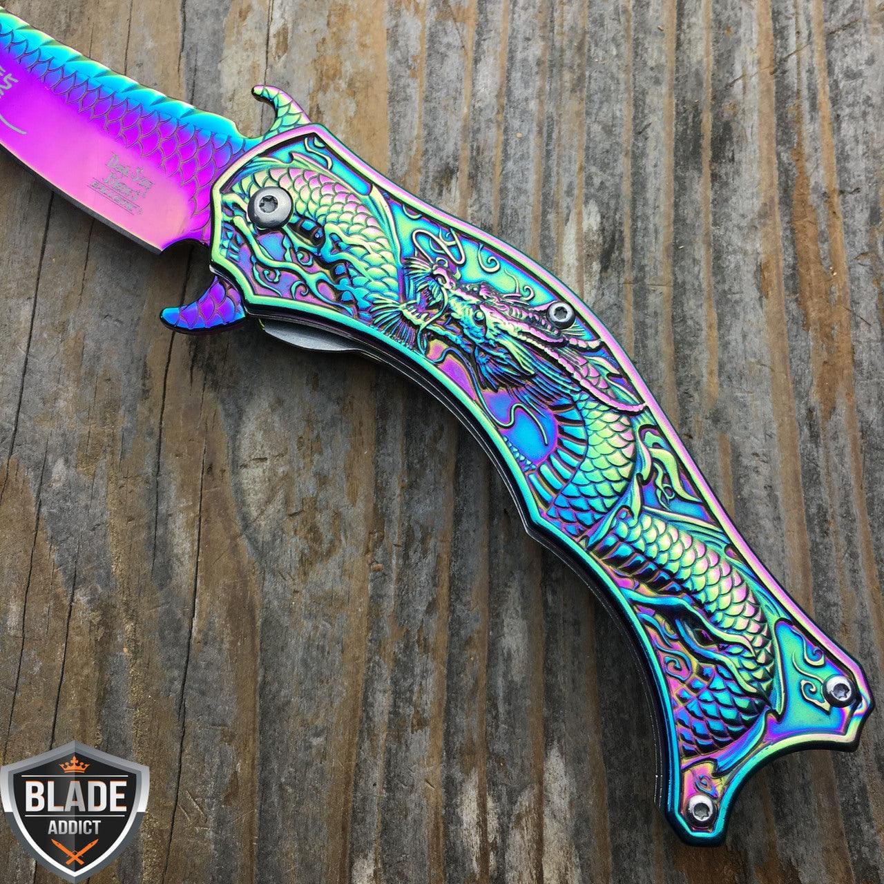 Dragon Rainbow Titanium Folding Pocket Knife Cosplay Fade Collection  Graphic survival camping Knives utility tactical knifes