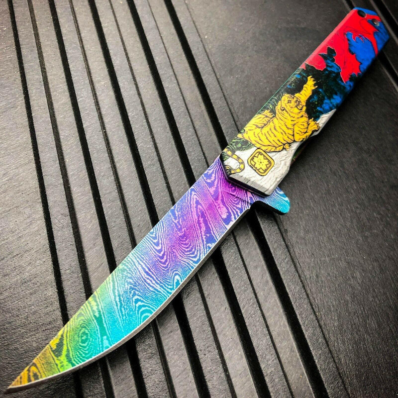 8" Asian Tactical Tiger Spring Open Assisted Folding Pocket Knife Rainbow - BLADE ADDICT